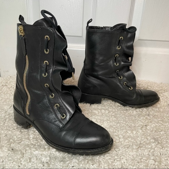 VALENTINO Garavani Black Leather Ruffle Lace Up Combat Boots with Gold 7.5 - Picture 5 of 11